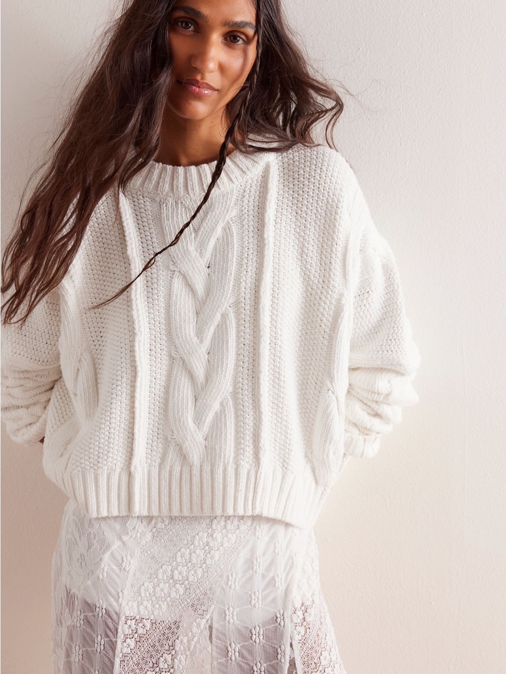 We the Free in a Daze Pullover Chunky Cable Crewneck Sweater in White